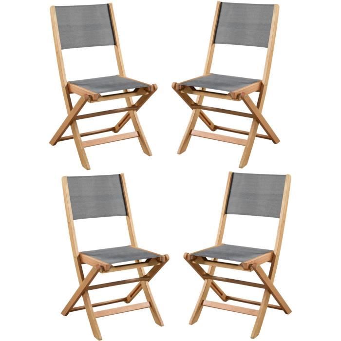 Lot de 4 chaises de jardin en bois d'acacia FSC et assise en textilène - 50 x 57 x 90 cm - Gris