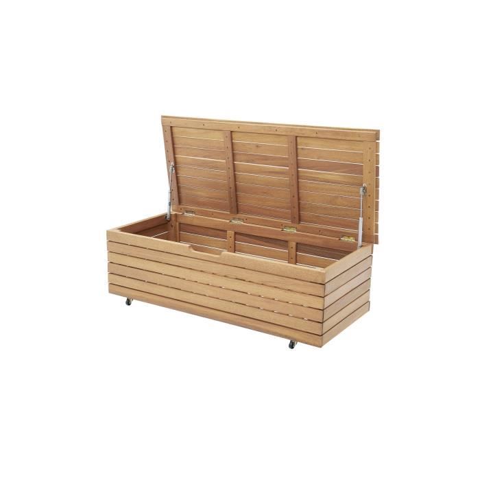 Coffre de jardin 190L en bois d'eucalyptus exotique FSC - 190 L - 48,5 x 109,5 x 37 cm - Avec roulettes - Effet teck