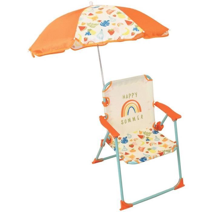 Chaise de camping pliante FUN HOUSE Fruity's avec parasol - H.38,5 x L.38,5 x P.37,5 cm + parasol ø 65 cm - Pour enfants