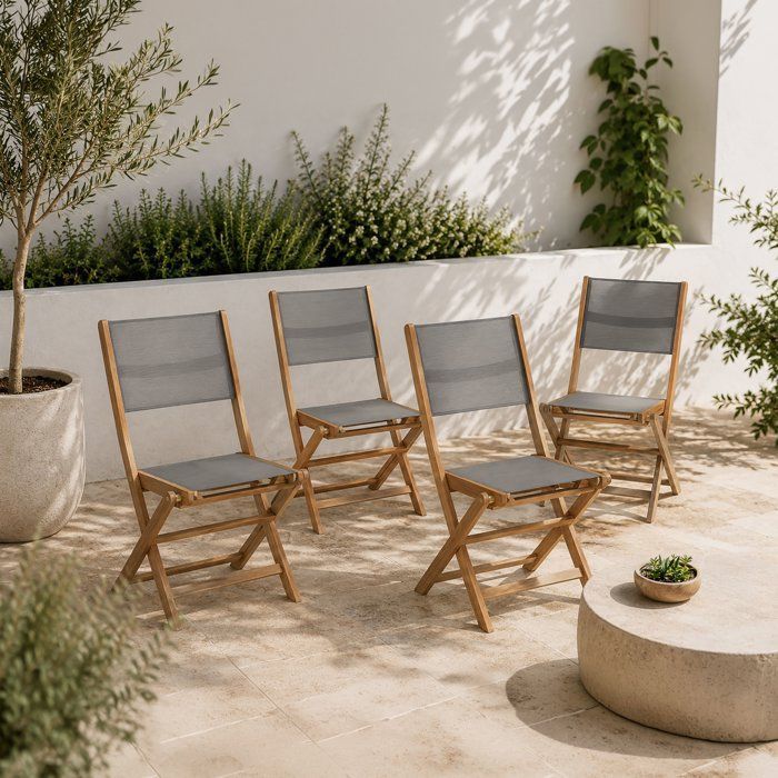 Lot de 4 chaises de jardin en bois d'acacia FSC et assise en textilène - 50 x 57 x 90 cm - Gris