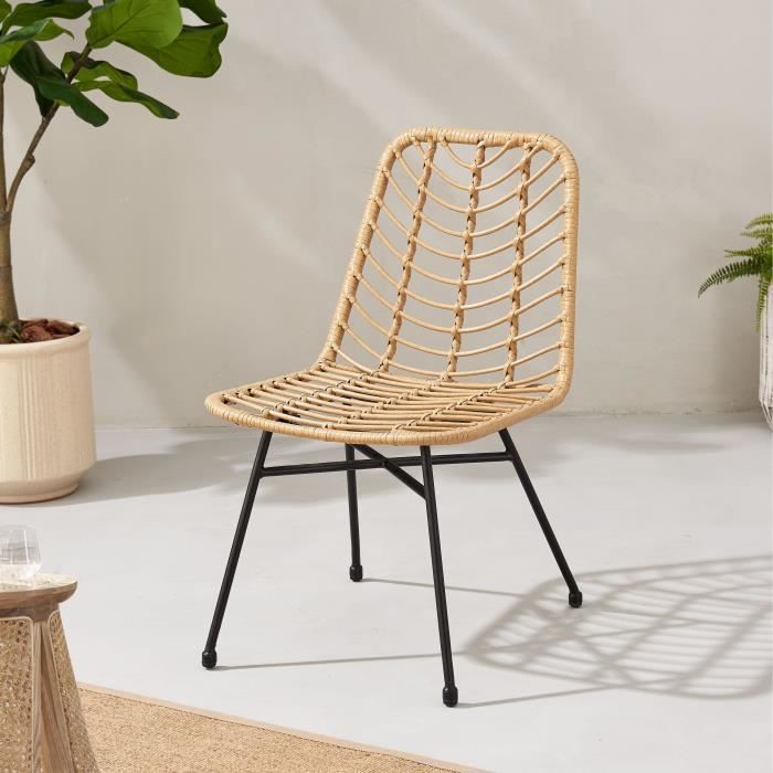 Ensemble de 2 chaises de jardin - Imitation rotin naturel - Structure en acier - L63,5 x H 86 x P 48 cm