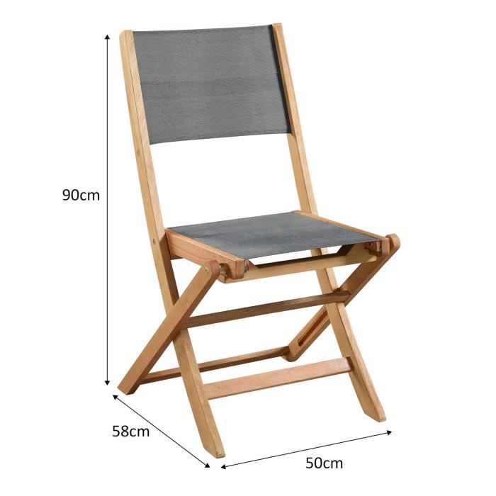 Lot de 4 chaises de jardin en bois d'acacia FSC et assise en textilène - 50 x 57 x 90 cm - Gris