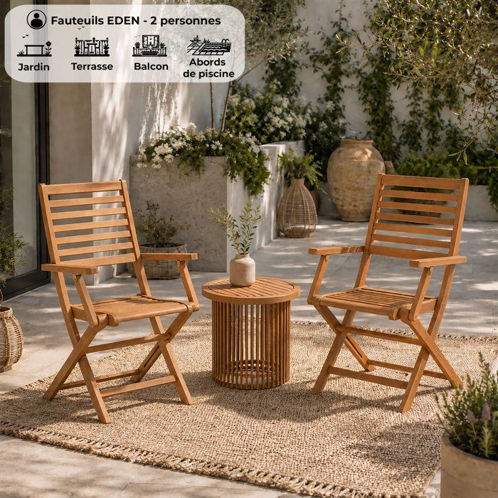 Lot de 2 chaises de jardin pliantes FSC eucalyptus - 57,5 x 56 x 90 cm