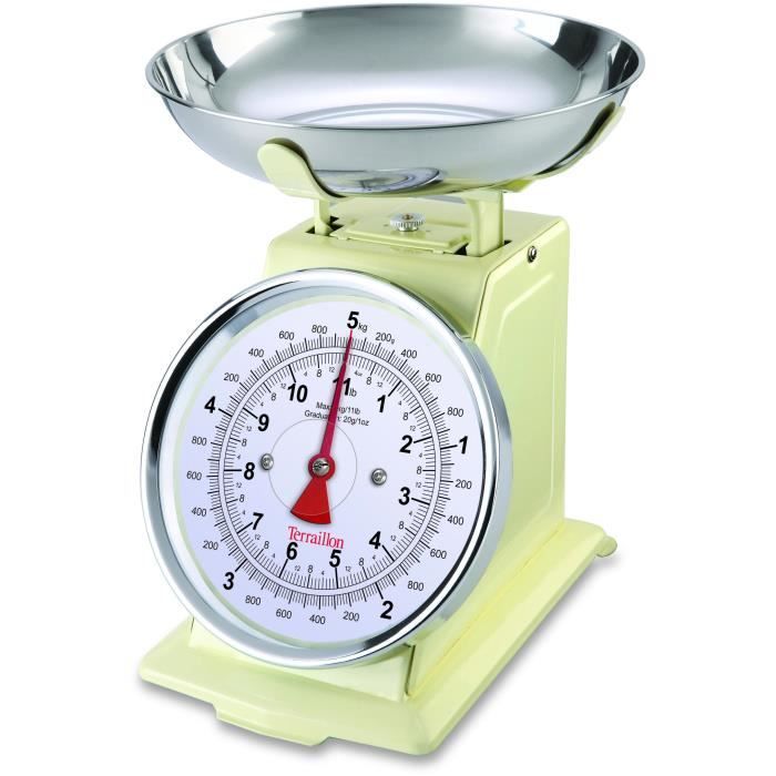 Balance de cuisine mécanique - TERRAILLON - TRAD 500 Cream - Capacité 5 Kg - Style rétro - Plateau 1 L