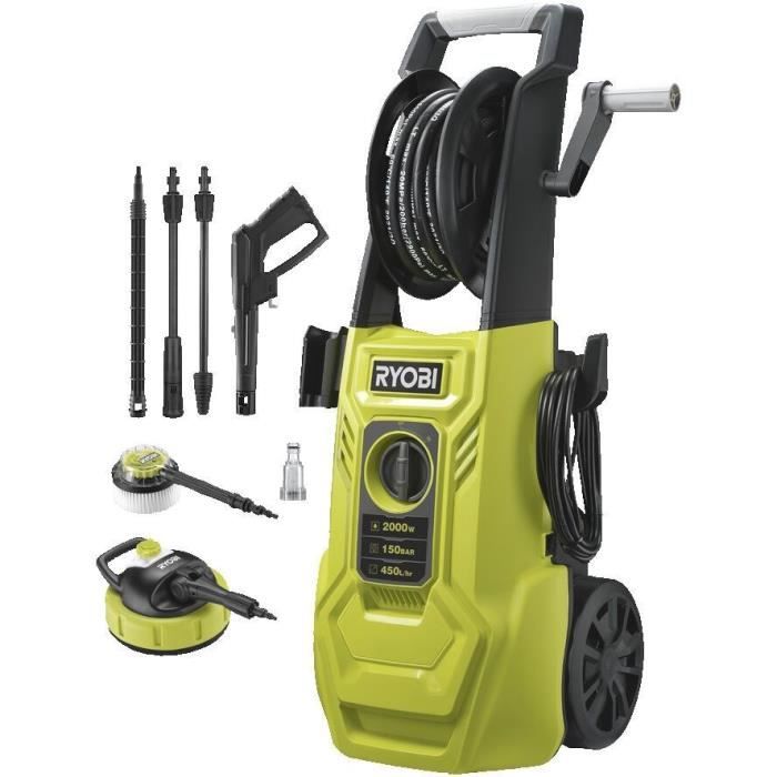 Nettoyeur haute pression 2000 W 150 bar 450 L - 8M flexible, serpentin, réservoir 0,9 L, lances (varieux-turbo), brosse rotative