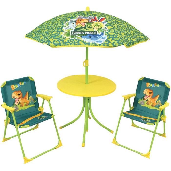 Mobilier de jardin FUN HOUSE Jurassic Dinosaur - 1 table 46 x ø46 cm, 2 chaises 53 x 38,5 x 37,5 cm et 1 parasol 125 x ø100 cm