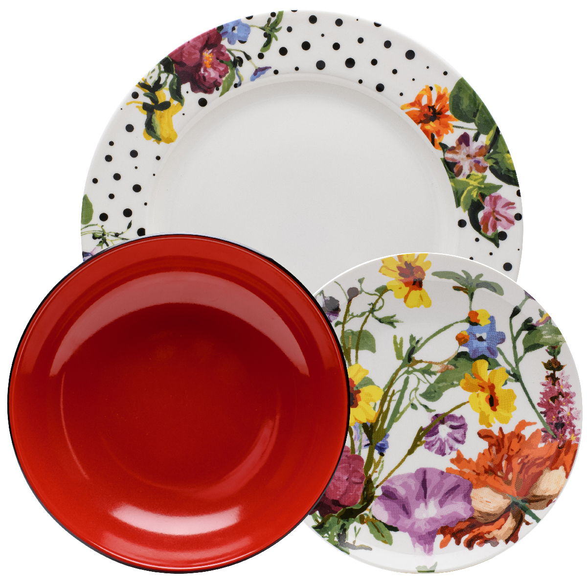18 pièces de vaisselle en porcelaine (6 assiettes plates, 6 assiettes à soupe en grès, 6 assiettes à fruits) Ø 27 cm, Ø 20 cm, Ø 19 cm - Flor