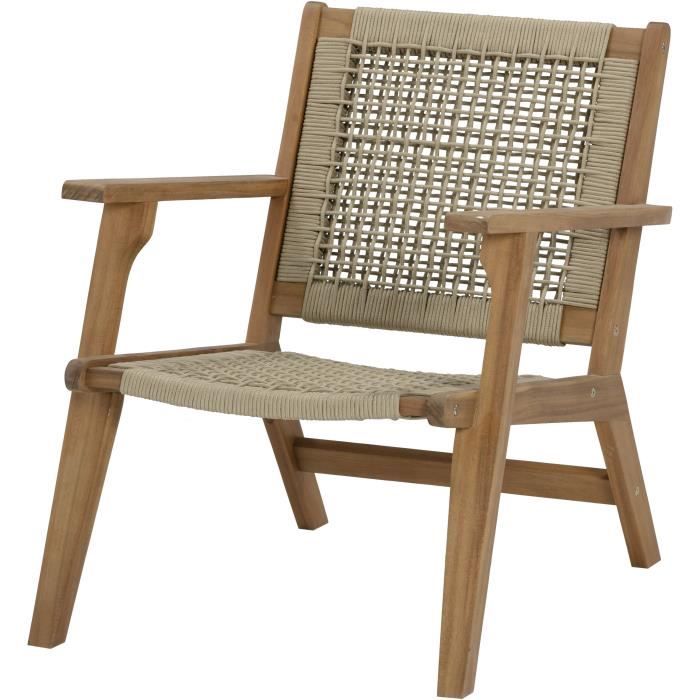 Fauteuil bas en bois d'acacia FSC et résine tressée - 1 personne - Mérida - Vert olive