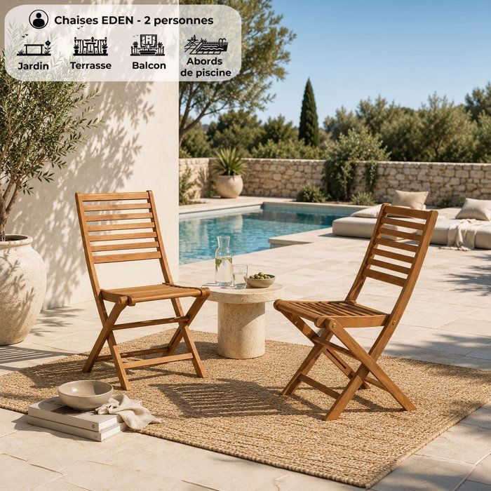 Lot de 2 chaises de jardin pliantes FSC eucalyptus - 57,5 x 46,5 x 90 cm