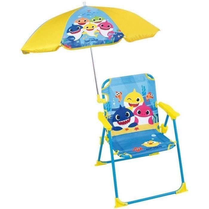 Chaise de camping pliable FUN HOUSE Baby Shark avec parasol - H.38,5 x L.38,5 x P.37,5 cm + parasol ø 65 cm - Pour enfants
