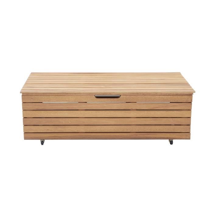 Coffre de jardin 190L en bois d'eucalyptus exotique FSC - 190 L - 48,5 x 109,5 x 37 cm - Avec roulettes - Effet teck