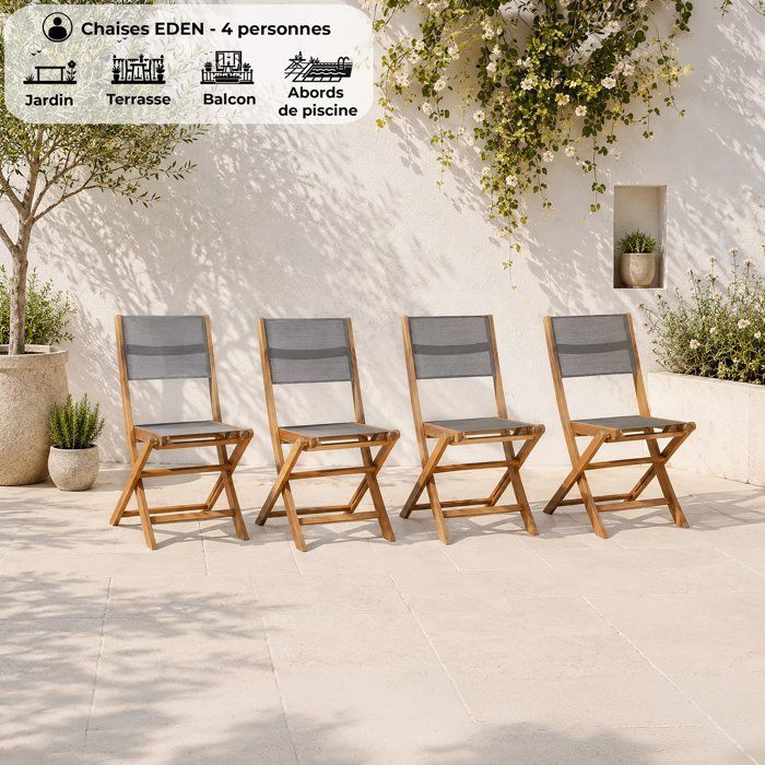 Lot de 4 chaises de jardin en bois d'acacia FSC et assise en textilène - 50 x 57 x 90 cm - Gris
