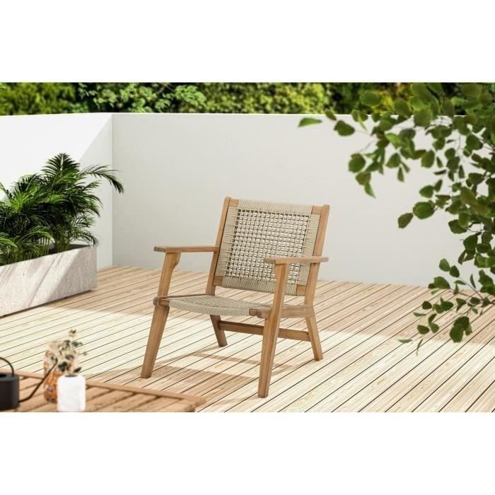 Fauteuil bas en bois d'acacia FSC et résine tressée - 1 personne - Mérida - Vert olive