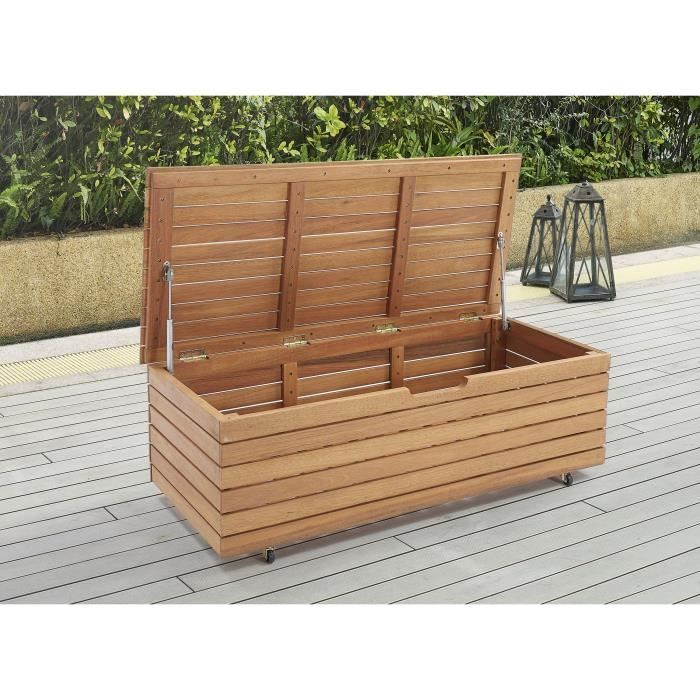 Coffre de jardin 190L en bois d'eucalyptus exotique FSC - 190 L - 48,5 x 109,5 x 37 cm - Avec roulettes - Effet teck