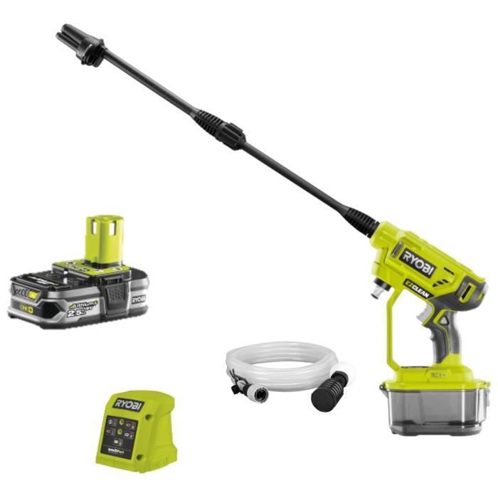 Pistolet haute pression à batterie RYOBI ONE+ 18V RY18PW22A-125 - 22 bar - 182 L - 1 batterie 18V 2,5 Ah et 1 chargeur 1,5 A