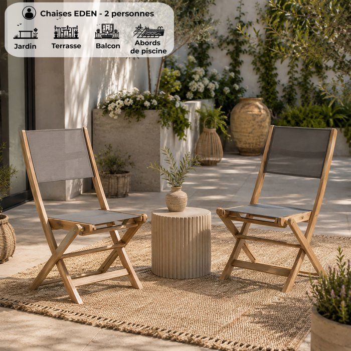 Set de 2 chaises en bois d'acacia FSC et textilène - Gris