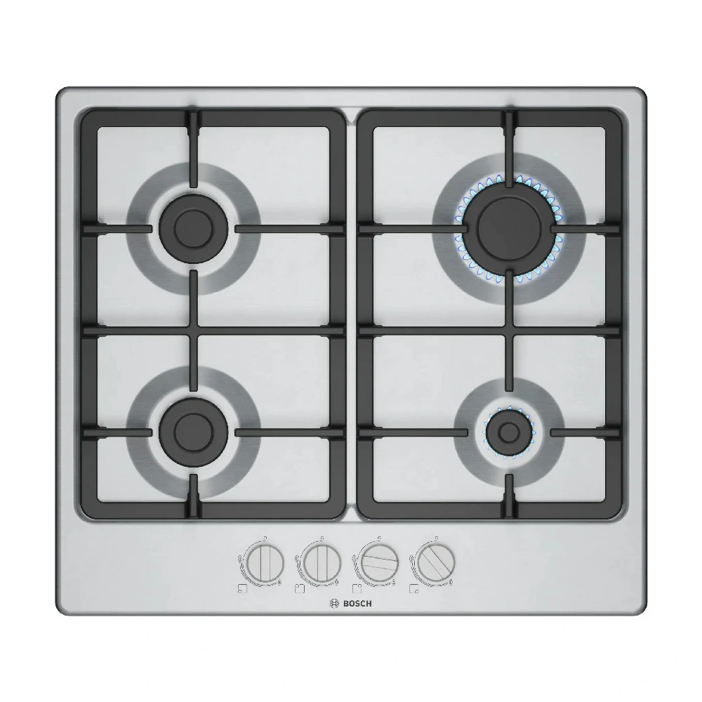 Cuisinière à gaz Bosch à 4 brûleurs 60 cm en inox PGP6B5K90