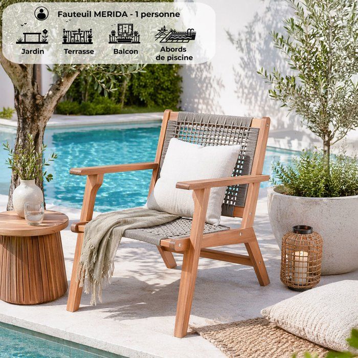 Fauteuil bas en bois d'acacia FSC et résine tressée - 1 personne - Mérida - Vert olive