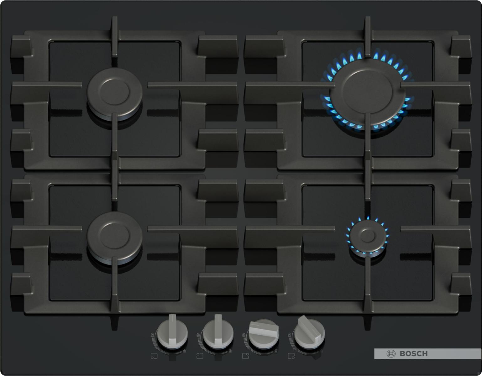 Table de cuisson à gaz noire Bosch à 4 brûleurs 60 cm PNP6B6K40