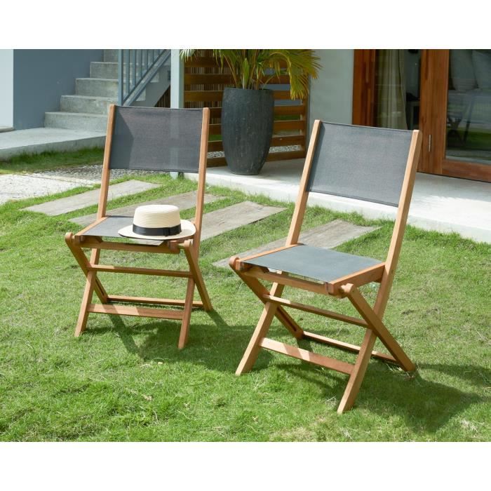 Lot de 4 chaises de jardin en bois d'acacia FSC et assise en textilène - 50 x 57 x 90 cm - Gris
