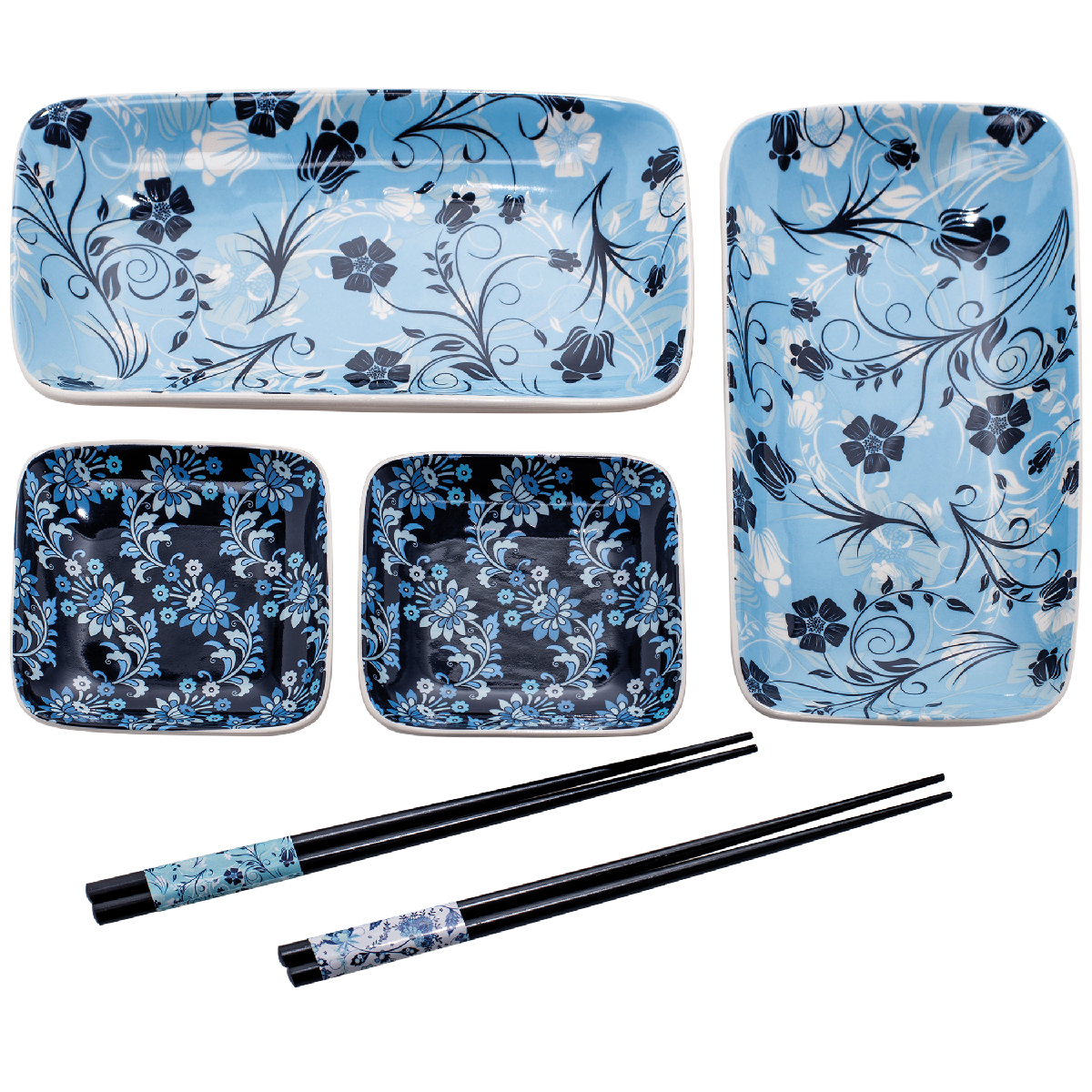 Set sashimi (2 piatti rettangolari, 2 piattini quadrati e 2 paia di bacchette) 20 x 12 cm, 10 x 10 cm - Kyoto