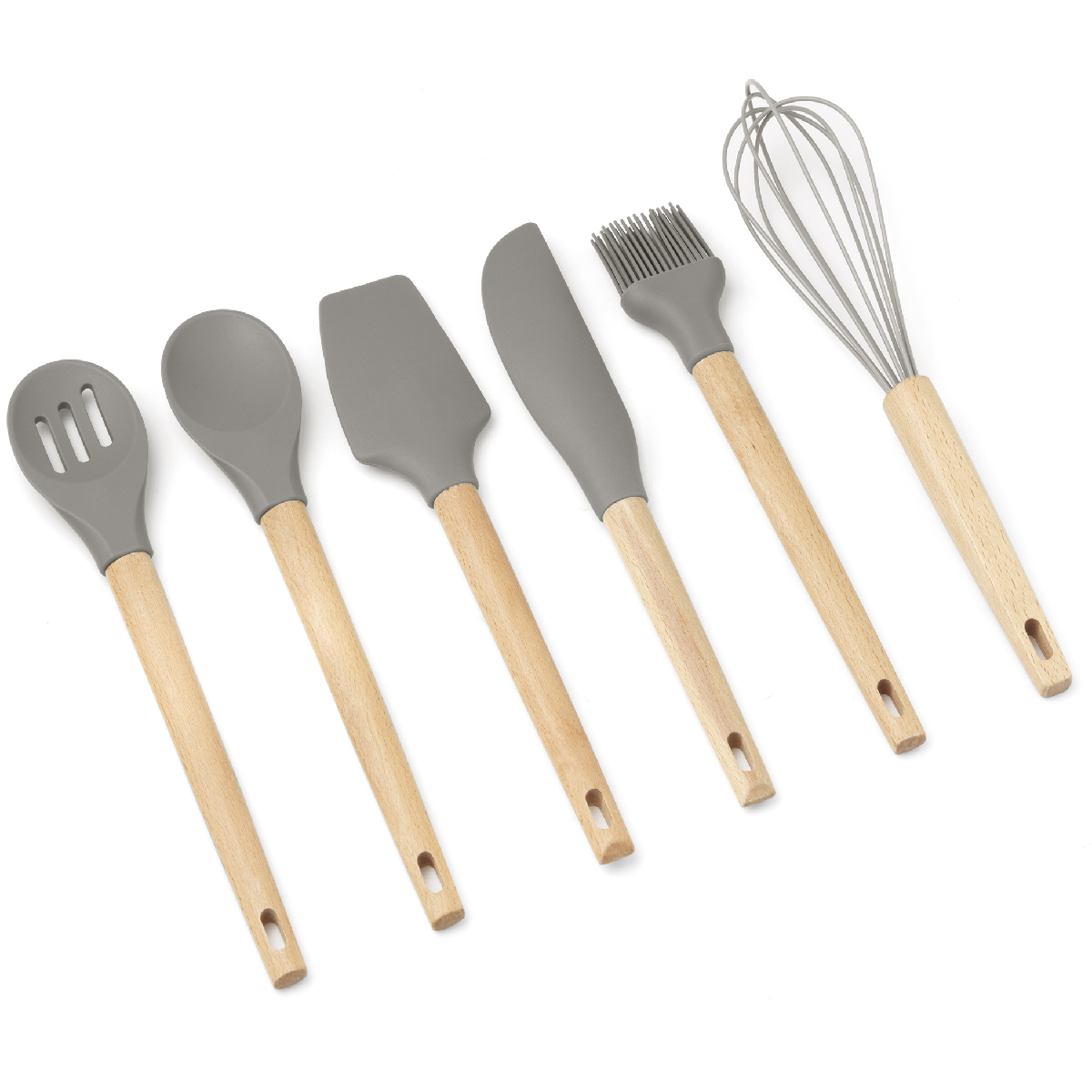 Set de 6 ustensiles à pâtisserie en silicone avec manche en bois de hêtre (2 spatules, 2 cuillères, fouet et pinceau) - Forest