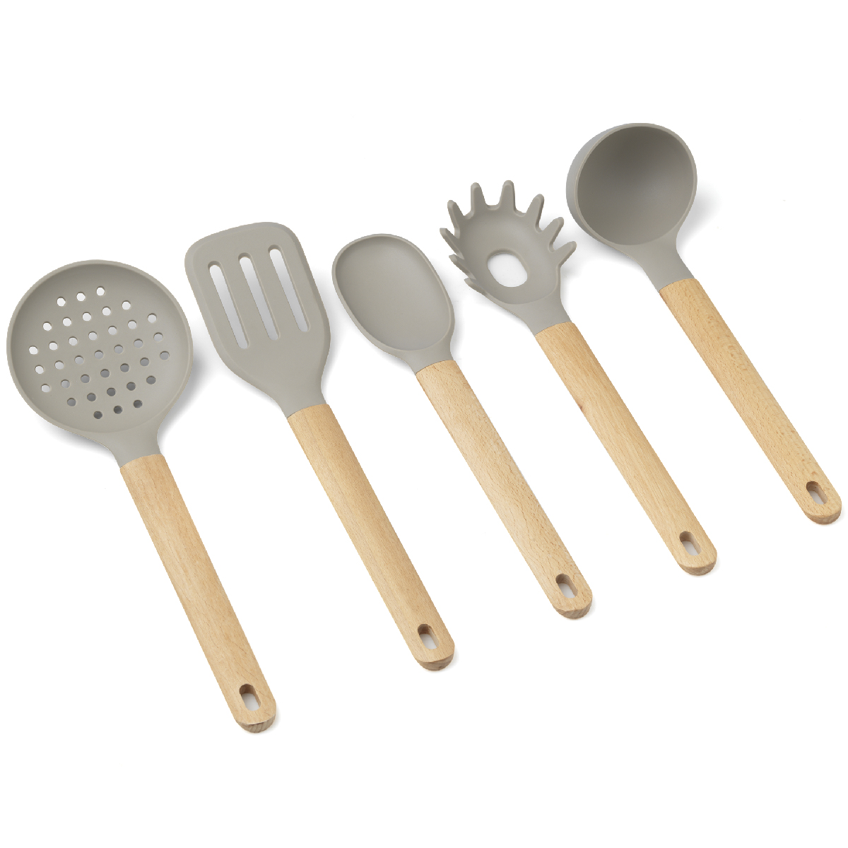 Ensemble de 5 ustensiles de cuisine en silicone avec manche en bois de hêtre (pelle, frite, cuillère, serveur à spaghettis, louche et écumoire) - Forest