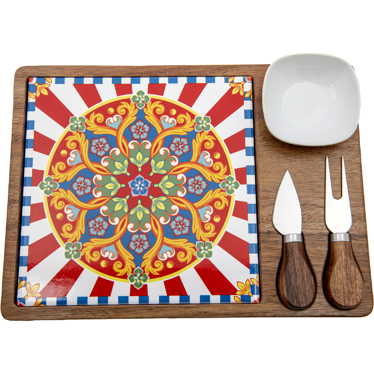 Cheese set (wooden base with ceramic insert, 1 ceramic bowl and 2 steel knives with wooden handle) 30 x 17 cm - Etna