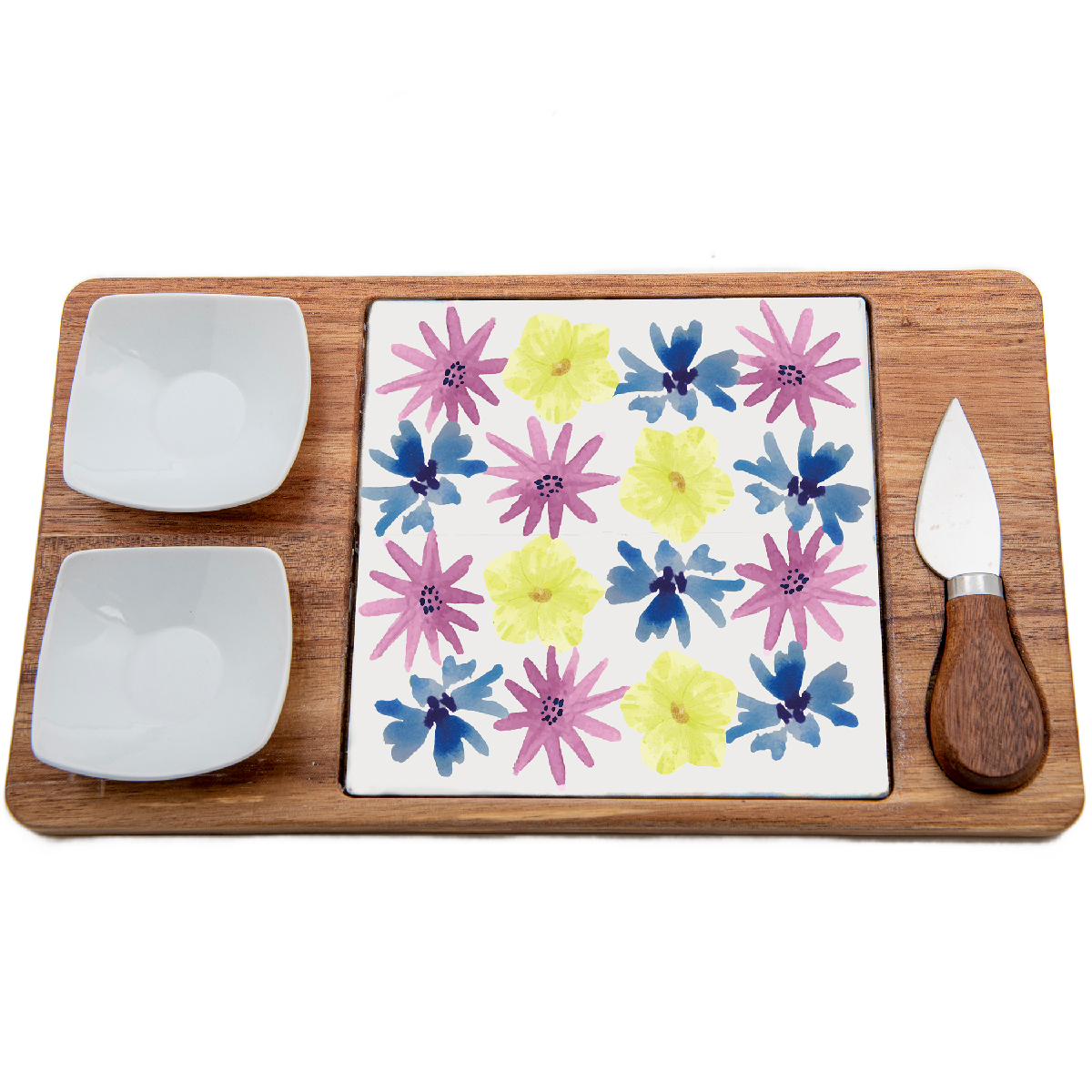 Set formaggio (base in legno con inserto in ceramica, 2 ciotole in ceramica e 1 coltello in acciaio con manico in legno) 30 x 17 cm - Floral