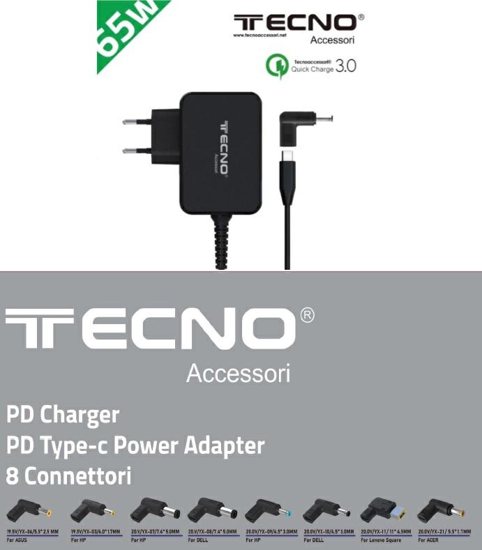 TECNO ALIMENTATORE NOTEBOOK 65WUNIV. TYPE C 8TIPS - NUOVI TIPS