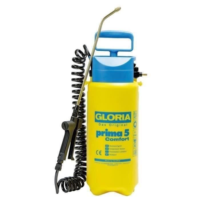 GLORIA - Prima 5 Comfort - Atomiseur à pression de 5 L avec lance et buse en laiton et tube en spirale de 2m50
