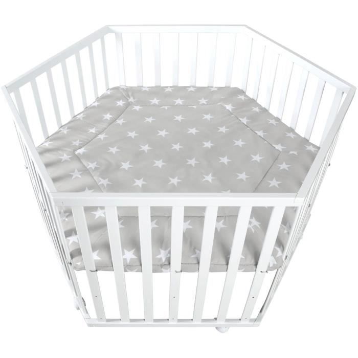 Box per bambini ROBA LITTLE STARS Hegaxonal - Altezza regolabile - Rivestimento imbottito - Ruote frenanti - Legno laccato bianco - Motivo a stelle