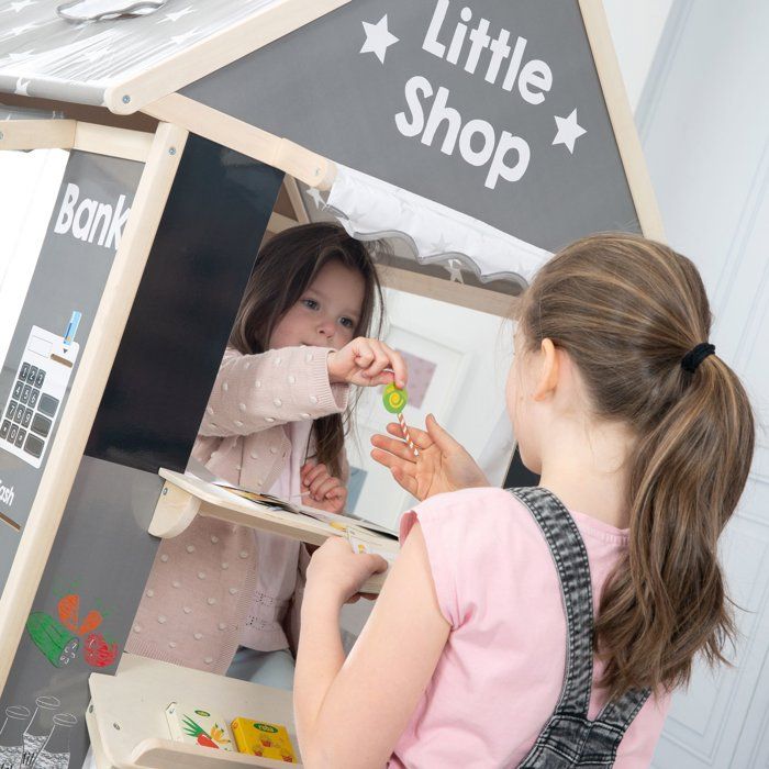 Casetta 4 in 1 - ROBA - Legno e tessuto - 4 lati: teatro, negozio di alimentari, ufficio postale/banca, chiosco con lavagna - Grigio