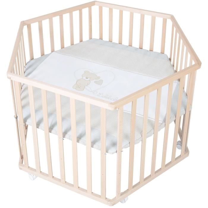 Recinto per bambini Hegaxonal - ROBA - LIEBHABEAR - Altezza regolabile - Base rimovibile - 6 ruote frenanti - Legno naturale - Motivo orsetto