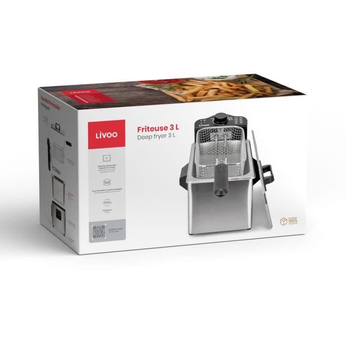 Friggitrice 3 L - LIVOO - DOC216 - 2000W - 3L - Vasca in acciaio inox estraibile - Cestello di frittura estraibile - Termostato regolabile