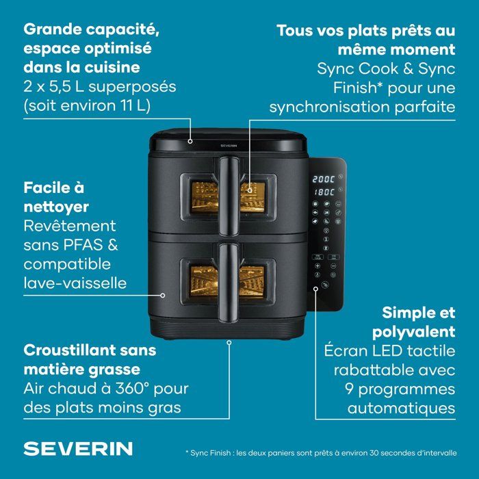 Friggitrice ad aria - SEVERIN - AirFryer FR9598 - Capacit� 11L - Doppio serbatoio - 9 programmi - Touchscreen - 2600W