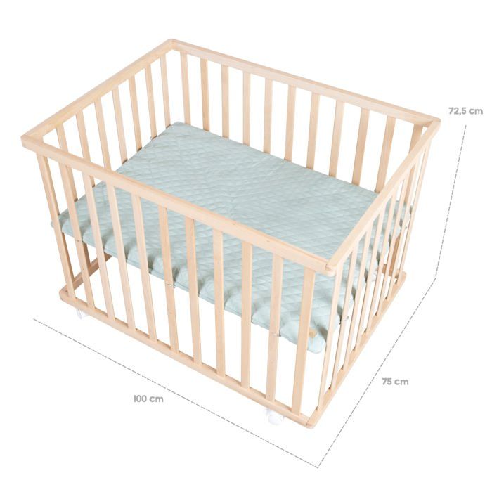 Box per bambini - ROBA - 75 x 100 cm - Include tappeto per box verde smerigliato 'Roba Style' - Ruote - Legno naturale