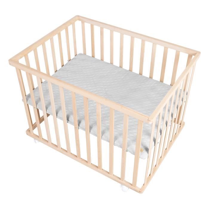 Box per bambini - ROBA - 75 x 100 cm - Materassino grigio 'Roba Style' incluso - Ruote - Legno naturale