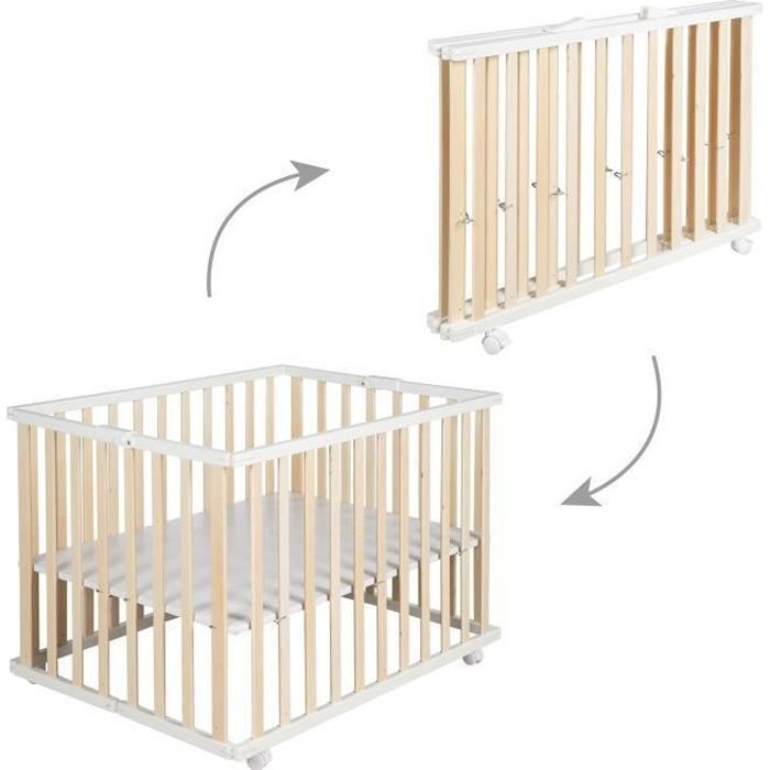 Box pieghevole per bambini - ROBA - 75 x 100 cm - Altezza regolabile - Ruote - Legno / Bianco