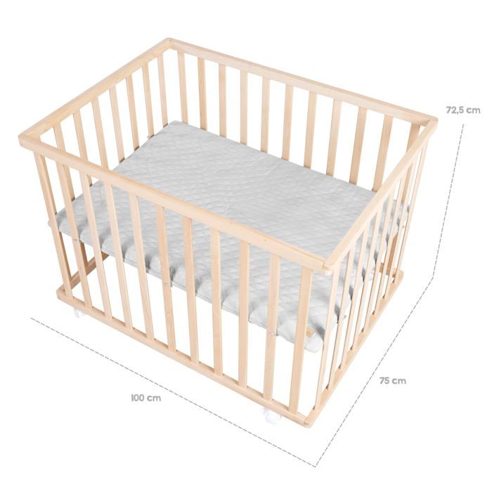 Box per bambini - ROBA - 75 x 100 cm - Materassino grigio 'Roba Style' incluso - Ruote - Legno naturale