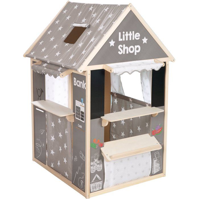 Casetta 4 in 1 - ROBA - Legno e tessuto - 4 lati: teatro, negozio di alimentari, ufficio postale/banca, chiosco con lavagna - Grigio