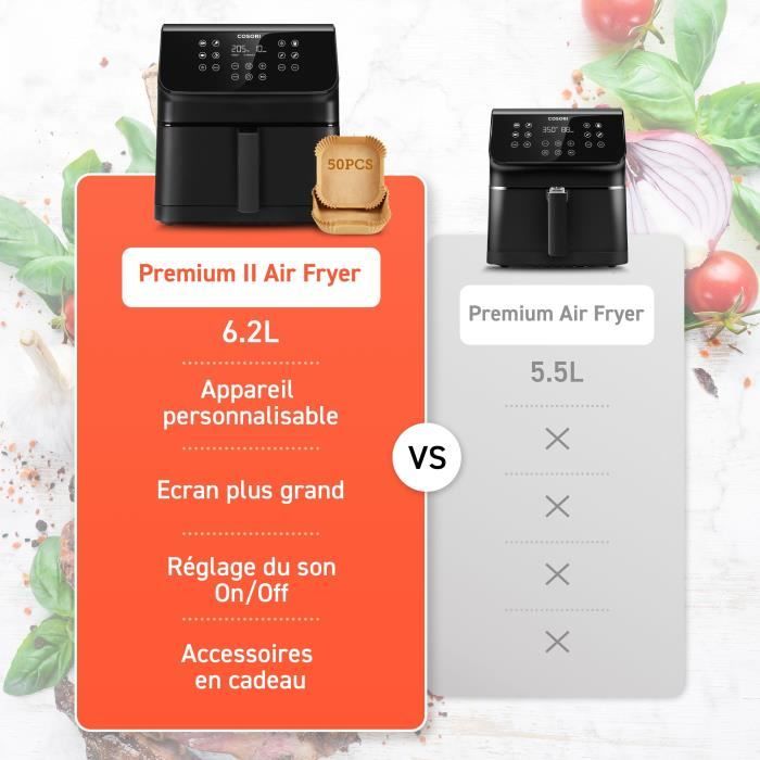 Friggitrice senza olio COSORI - Premium II Chef Edition - Capacit� 6,2 l - 12 programmi - Confezione da 50 fogli di carta da forno - 1700 W - Nero
