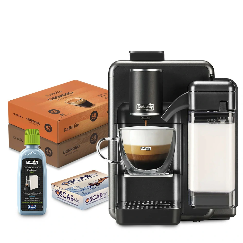 Caffitaly Quadra Macchina da caffè con montalatte con 96 capsule e kit pulizia - Titanium