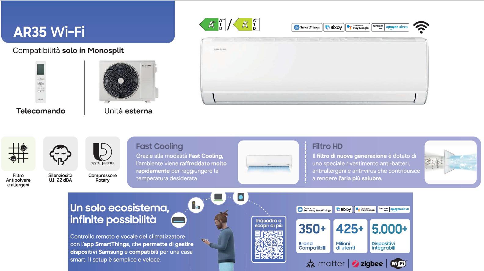 SAMSUNG CONDIZIONATORE 9000BTU AR40 WIFI A++/A+ R32 F-AR09ARH IT