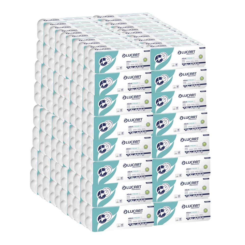 Palette de 120 paquets de 10 rouleaux de papier toilette hydrosoluble Aquastream