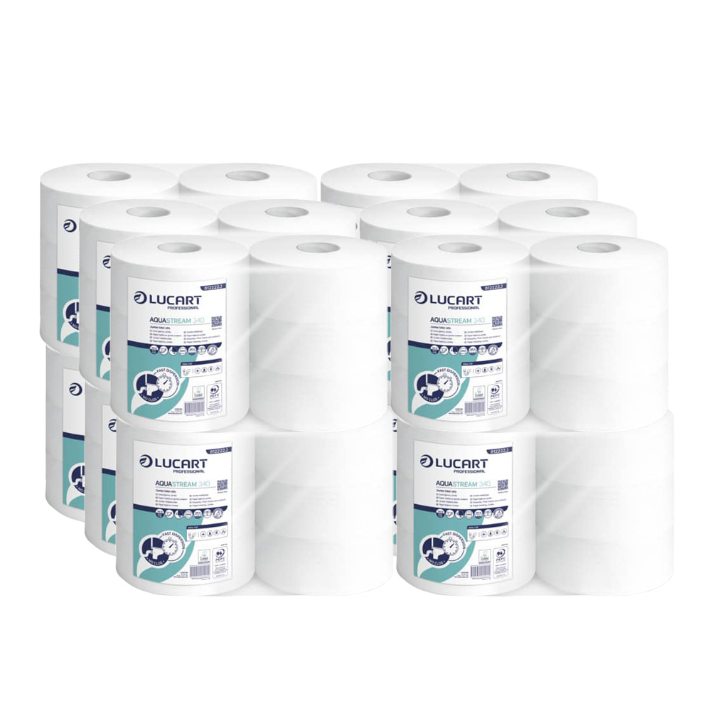 Emballage : 12 paquets de papier toilette hydrosoluble Aquastream 340 Maxi Jumbo avec 6 rouleaux