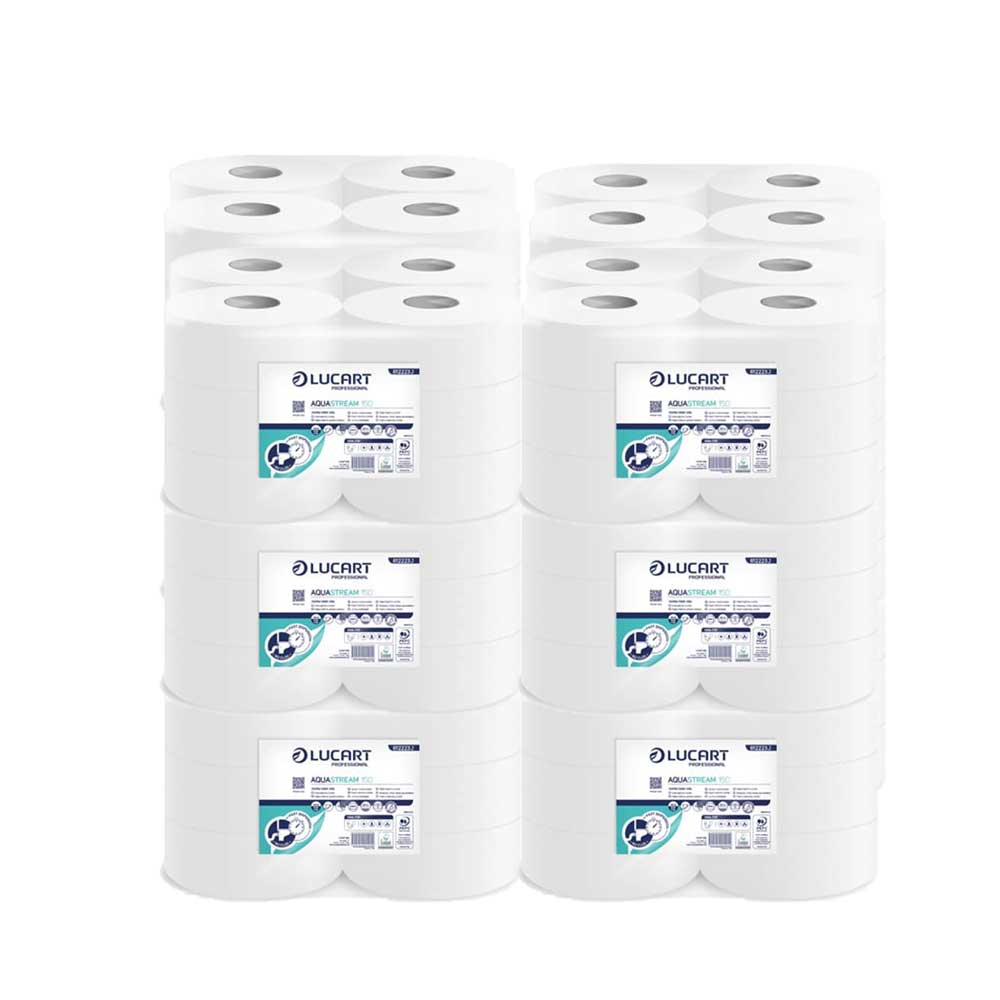 Paquet de 12 paquets de 12 rouleaux de papier toilette hydrosoluble Aquastream 150 Mini Jumbo