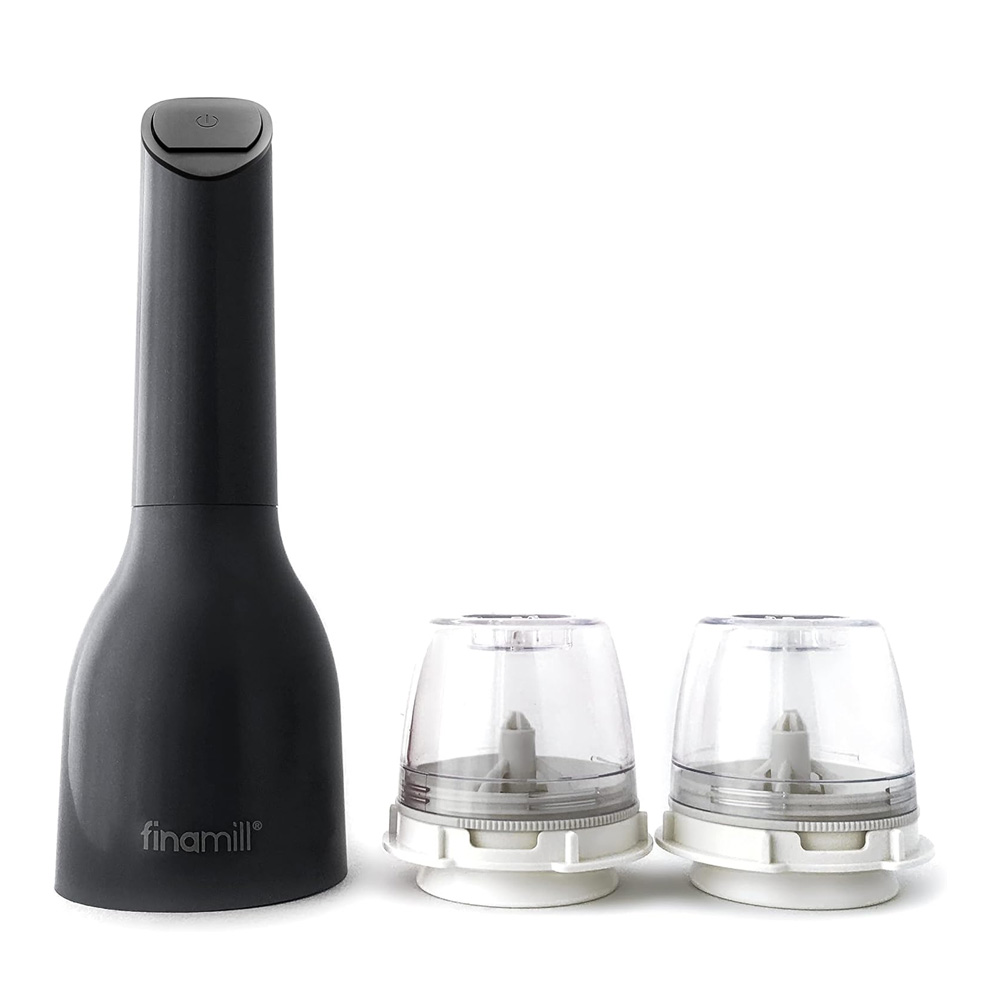 Moulin à épices électrique Finamill Midnight Black à piles avec 2 bacs