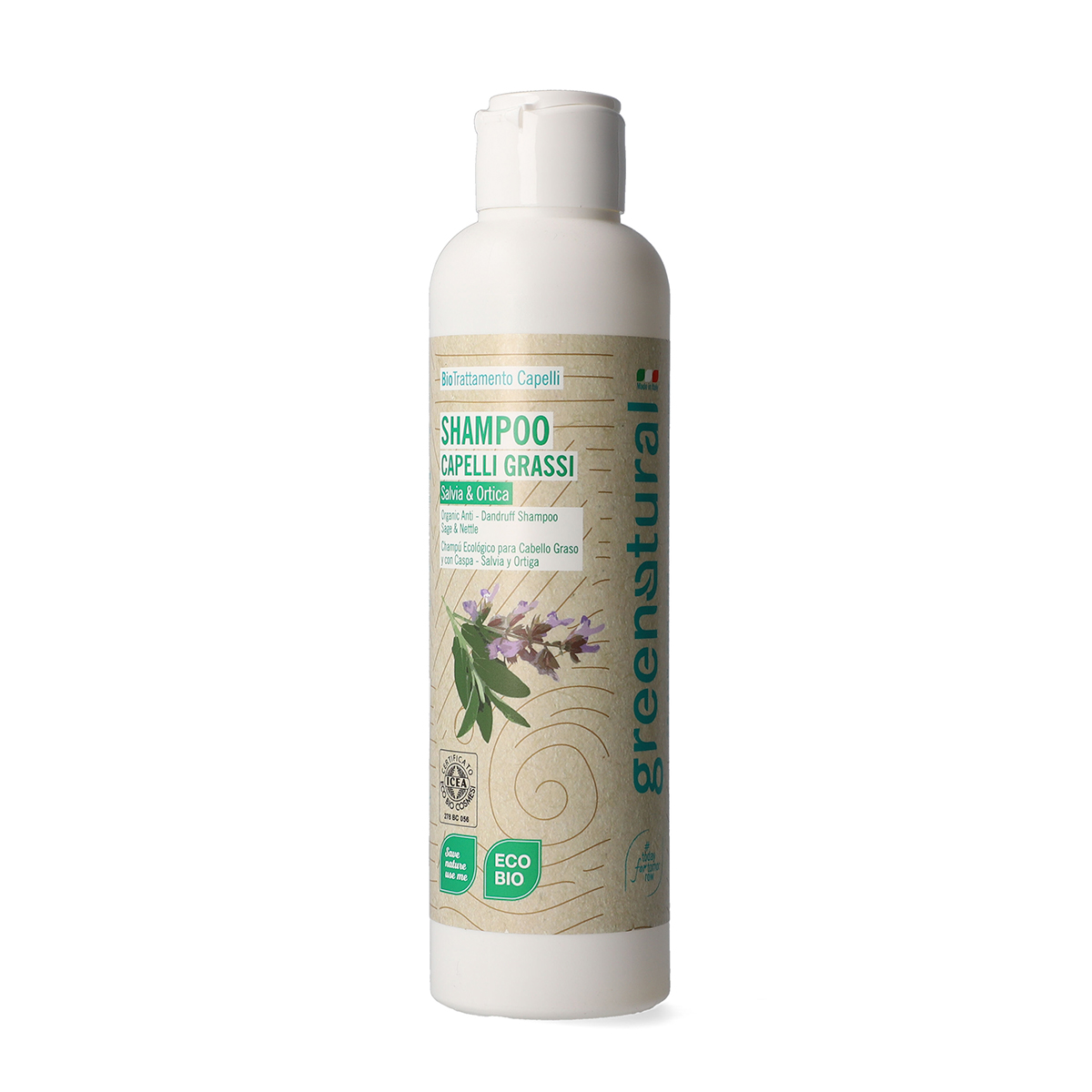Shampooing antipelliculaire écologique à la sauge et à l'ortie 250 ml.