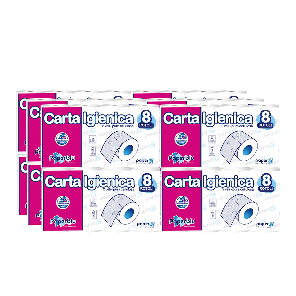 Emballage : 12 paquets de papier toilette, 8 rouleaux, Paperblu en cellulose pure